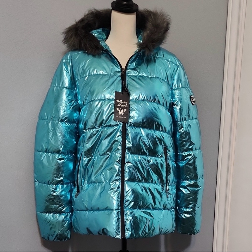White Mark Metallic Blue Puffer Coat with Faux Fur Trim
